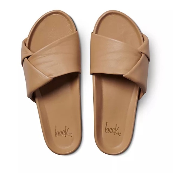 Beek Tori Tan Brown Beach Flats Slides Sandals Slip Ons in Light Sand Leather 10 - Picture 1 of 9